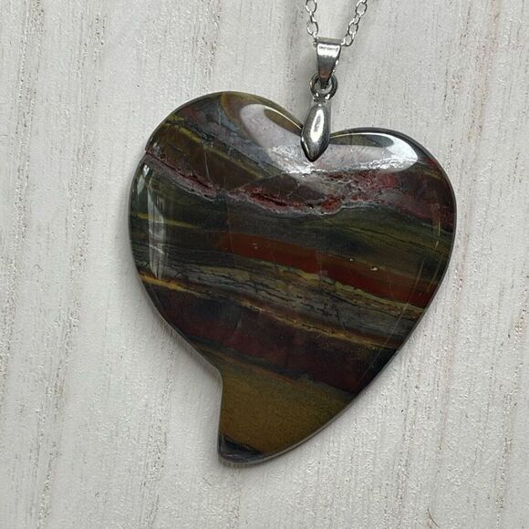 Iron Tiger hematite large 2” heart pendant silver plated 20” chain necklace hand - Picture 5 of 9